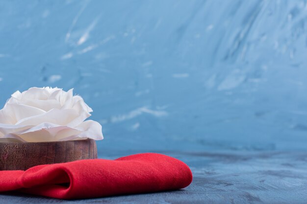white rose flower on red tablecloth on blue.
