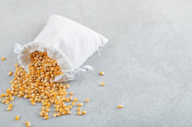 A white sack full of corn grains on a gray background.