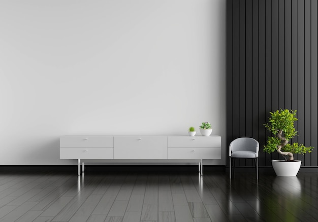 White sideboard in living room interior with copy space