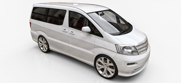 사람들의 수송을 위한 흰색 소형 미니밴. 광택 있는 흰색 배경에 3차원 그림입니다. 3d 렌더링.