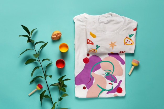 Free photo white t-shirt with diy design painted with colors