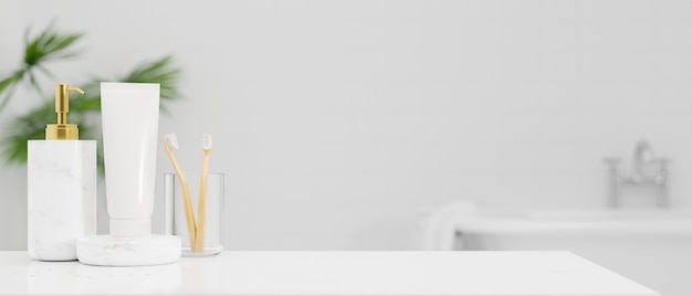 백그라운드에서 밝은 흰색 욕실 내부에 칫솔, 샴푸 병, 바디 로션 튜브가 있는 디스플레이 몽타주 제품용 흰색 탁상, 3d 렌더링, 3d 그림