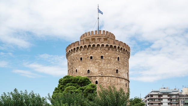 White Tower of Thessaloniki with clouds in Greece