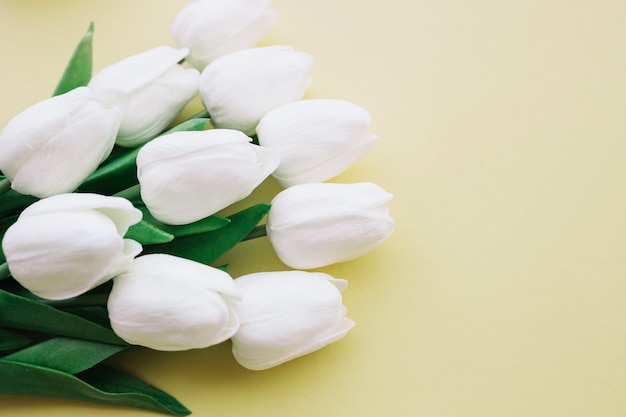 white tulips bouquet on yellow background