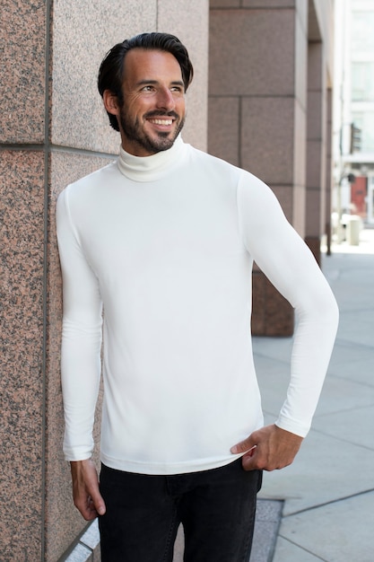 White turtleneck shirt outdoor fashion shoot