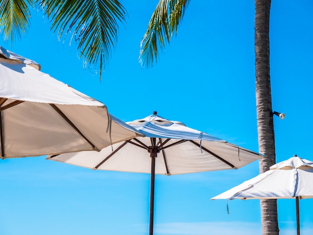 White umbrella with coconut palm tree with sea ocean