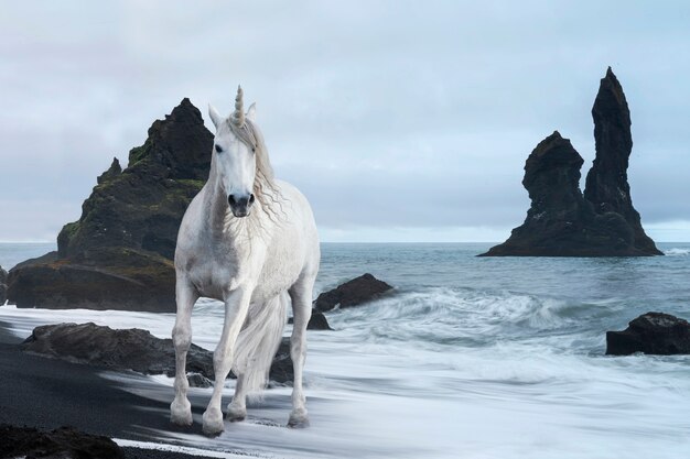 White unicorn outdoors on the beach