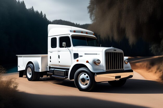 A white volvo truck on a road with trees in the background.