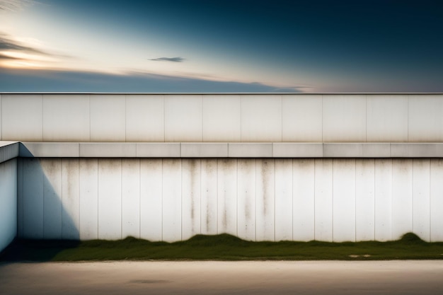 A white wall with a blue car parked in front of it.