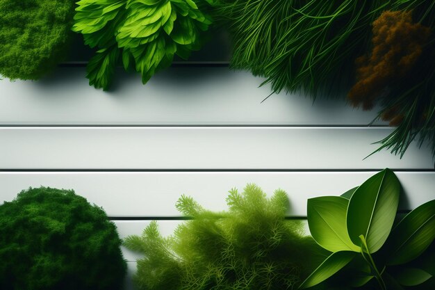 A white wooden table with green plants and a white background