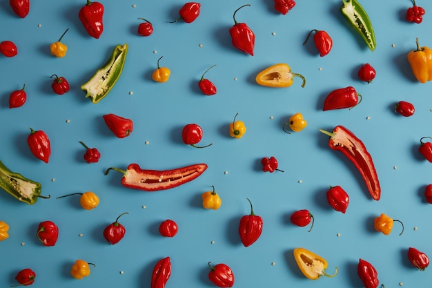Whole and cut bell sweet colorful pepper and their seeds isolated on blue studio background. Harvested vegetables from domestic garden. Rich harvest, agriculture and vitamins concept. Superfood