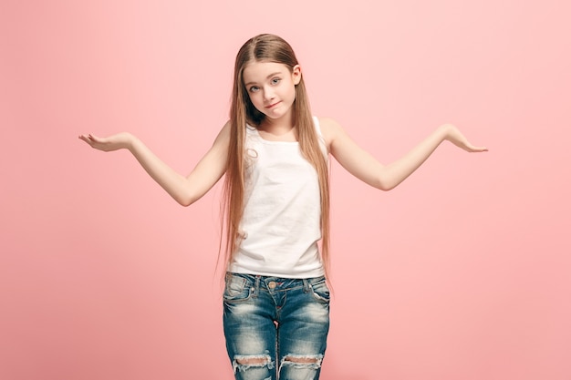 Free photo why is that. beautiful female half-length portrait on trendy pink studio