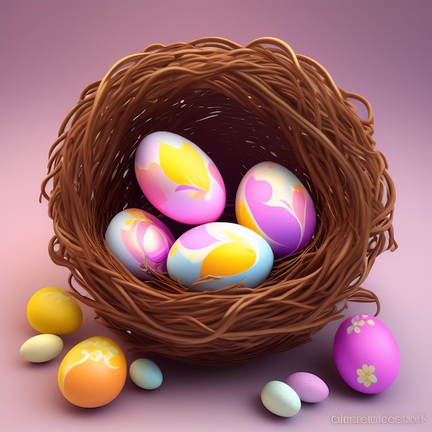 A wicker bird nest with colorful eggs in it.
