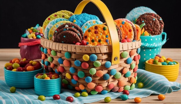 A wicker bowl filled with sweet candy generated by AI