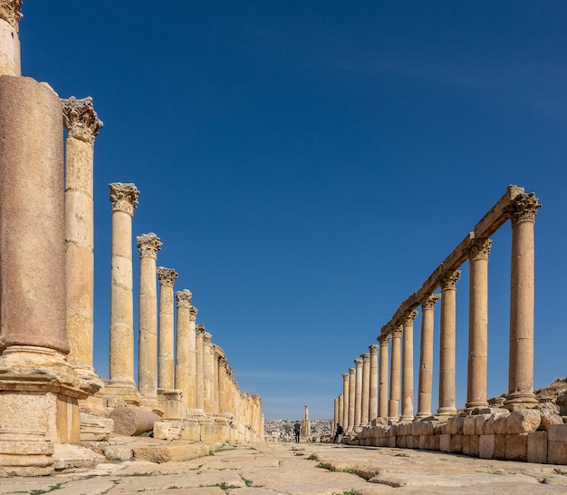 Wide angle shot of an ancient construction with towers in Jordan under a clear blue sky