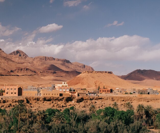 Wide angle shot of the buildings of a city behind the mountains