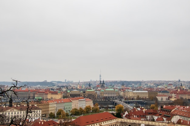 Wide angle shot of the buildings of Prague under a clouded sky