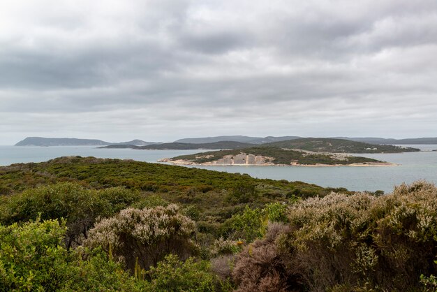 Wide angle shot of the islands and vegetation of the National Anzac Centre in Australia