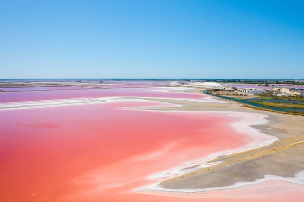 Wide angle shot of the multicolored Salt Lakes in Camarque, France