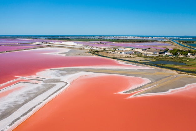 Wide angle shot of the multicolored Salt Lakes in Camarque, France