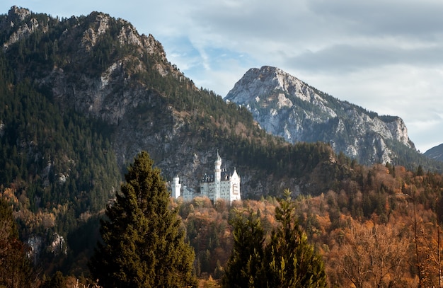 Wide angle shot of the Neuschwanstein Castle in Germany behind a mountain surrounded by the forest