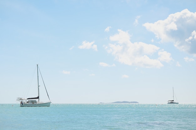 Wide angle shot of an ocean with boats on top under a clear sky,