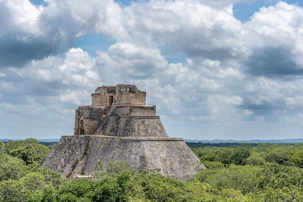 Wide angle shot of the Pyramid of the Magician in Mexico