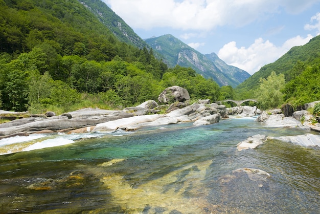 Wide angle view of a river flowing through the mountains covered in trees