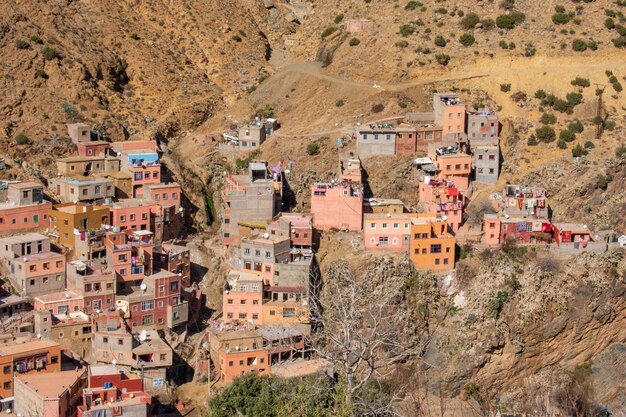 Wide angle view of several buildings on the mountain