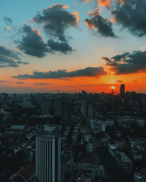 Wide beautiful shot of urban city architecture and skyline at sunset