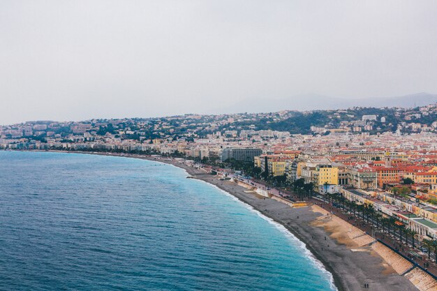 Wide distant shot of the French Riviera in Nice, France