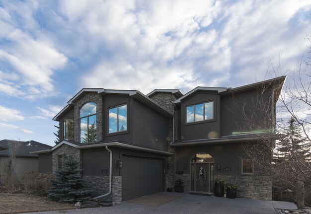 Wide shot of the beautiful architecture of a modern house