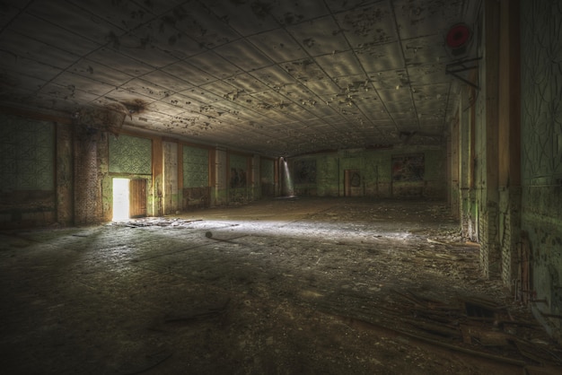 Wide shot of a big room in a vintage house