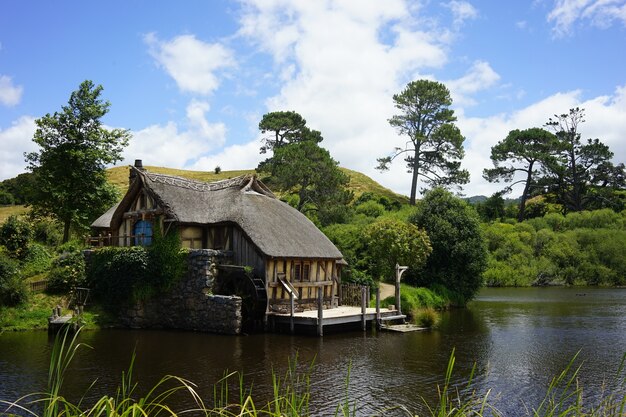 Wide shot of the Hobbiton movie set in Matamata New Zealand