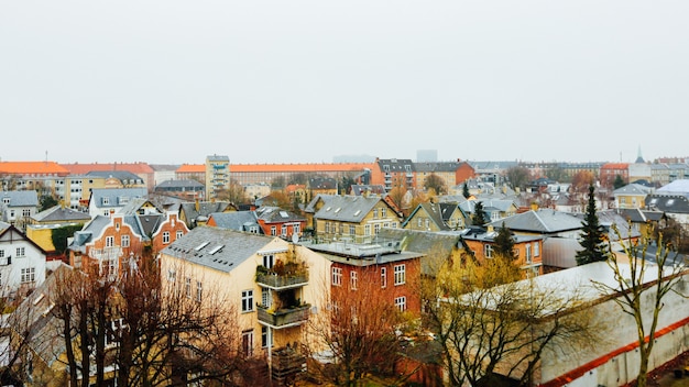 Wide shot of houses and buildings in the city of Copenhagen, Denmark