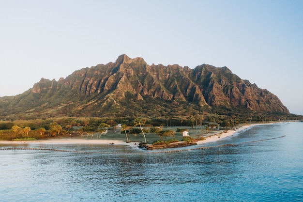 Wide shot of kualoa ranch in hawaii USA