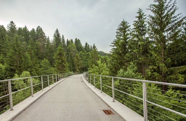 Wide shot of an old railway path on the town of Mislinja in Slovenia