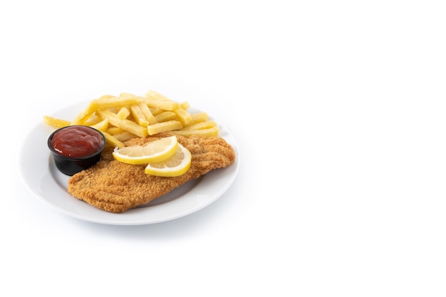 Free photo wiener schnitzel with fried potatoes isolated on white background