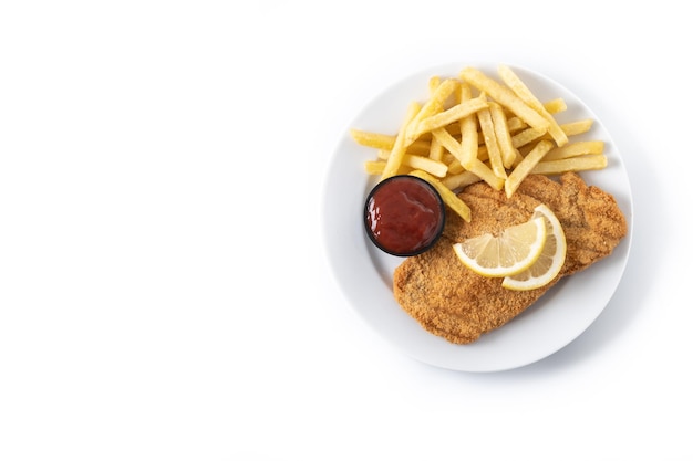 Wiener schnitzel with fried potatoes isolated on white background