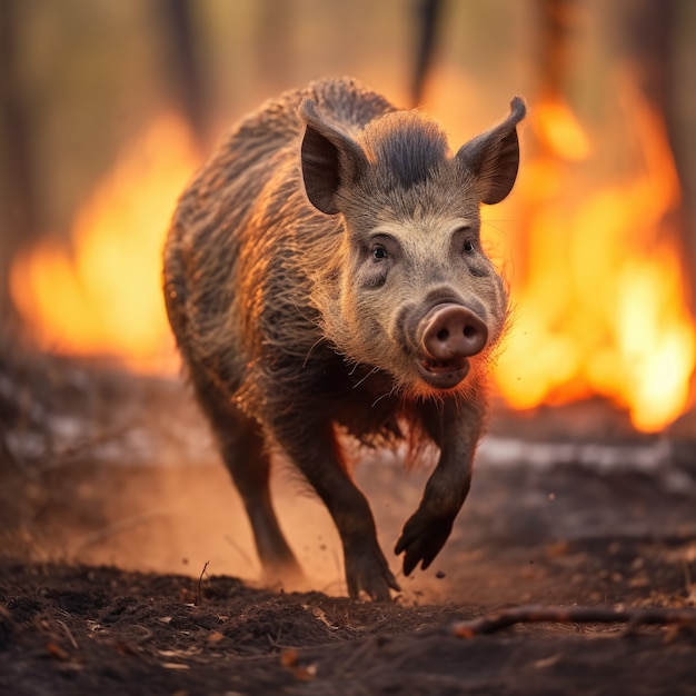 Cinghiale che fugge dall'incendio