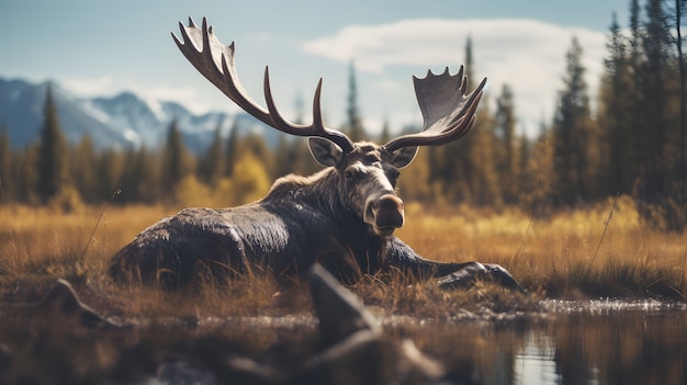 Wild elk animal with beautiful nature landscape