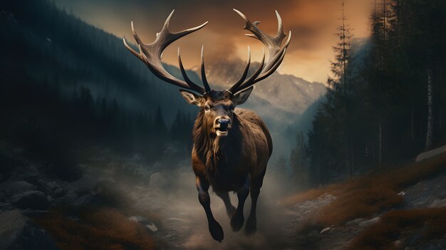 Wild elk animal with beautiful nature landscape