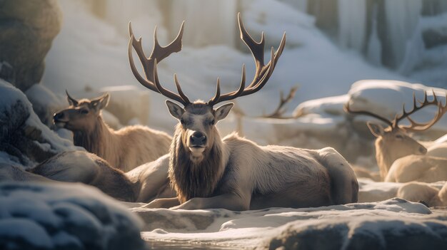 Wild elk animal with winter nature landscape