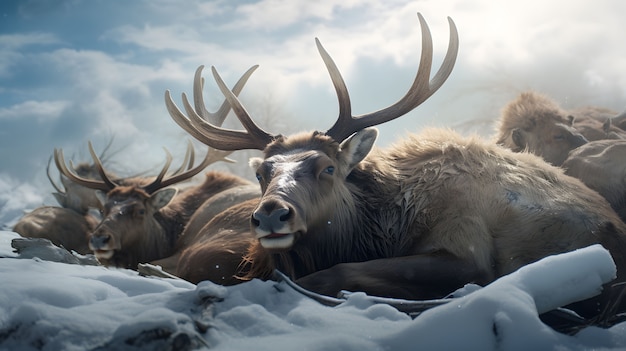 무료 사진 겨울 자연 풍경을 갖춘 야생 엘크 동물