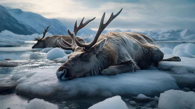 Дикий лось с зимним природным ландшафтом