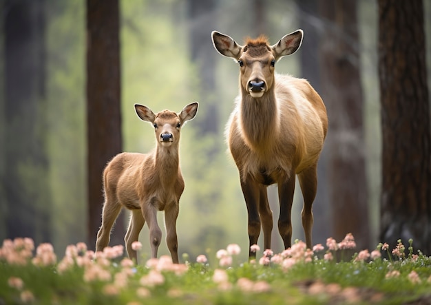 Foto gratuita alci selvatici in natura con vitello