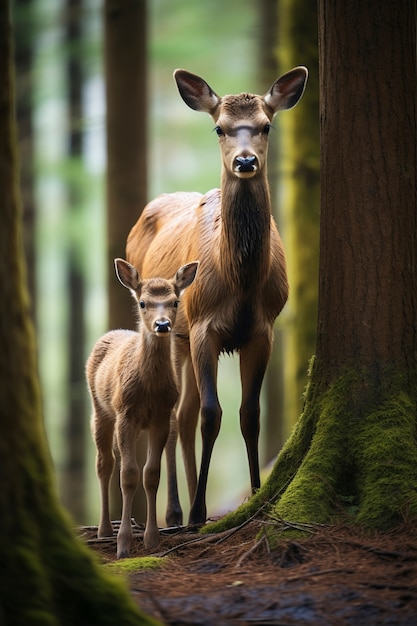 子牛と自然の中の野生のヘラジカ