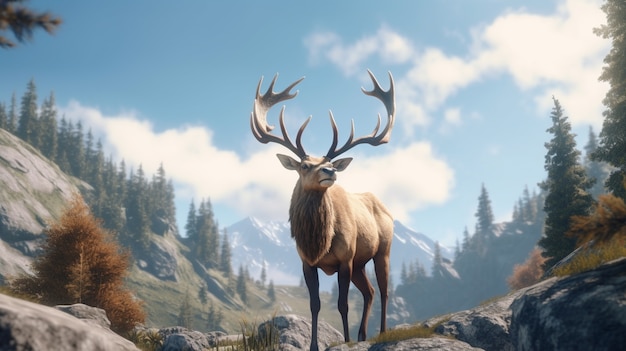 Wild elk in nature with wilderness landscape