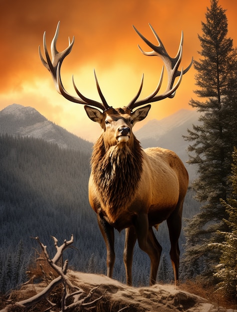 Free photo wild elk in nature with wilderness landscape