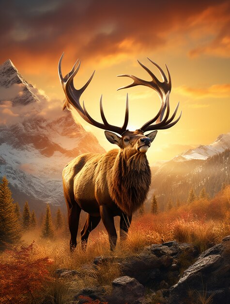 Wild elk in nature with wilderness landscape